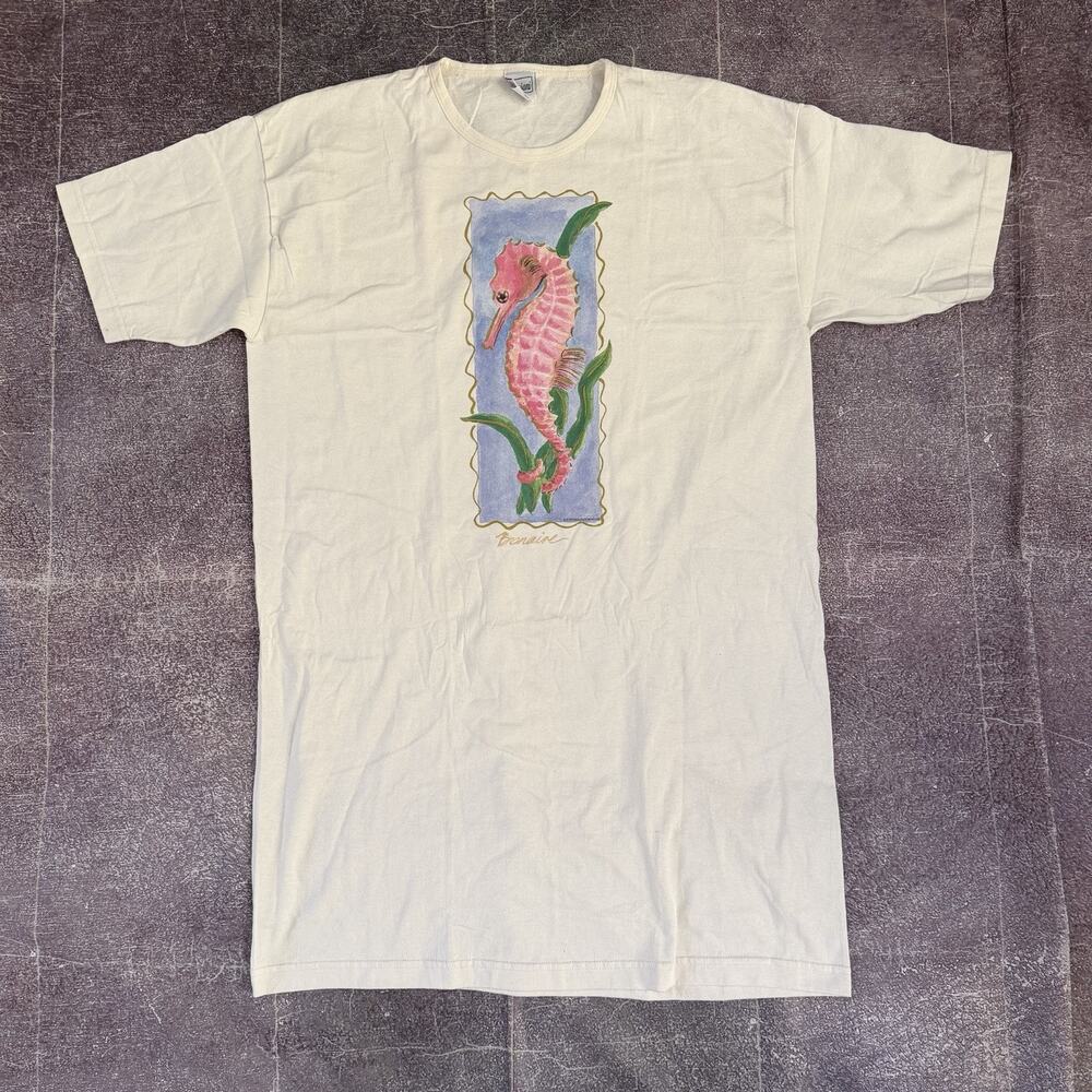 Women's Vintage 90's Gaziani Bonaire Seahorse White Long Sleep T Shirt Sz OSFA